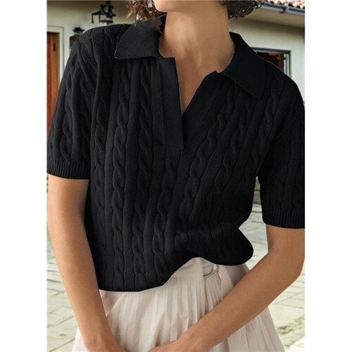 Women'S Cable Short Sleeve Sweaters Tops Solid Lapel V Neck Knit Casual Soft Pullover Shirt Black L 2