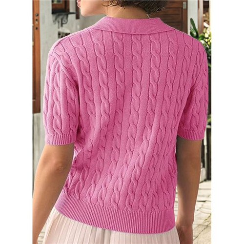 Women'S Cable Short Sleeve Sweaters Tops Solid Lapel V Neck Knit Casual Soft Pullover Shirt  S 1
