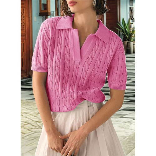 Women'S Cable Short Sleeve Sweaters Tops Solid Lapel V Neck Knit Casual Soft Pullover Shirt  S 2