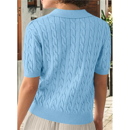 Women'S Cable Short Sleeve Sweaters Tops Solid Lapel V Neck Knit Casual Soft Pullover Shirt Light  S 1