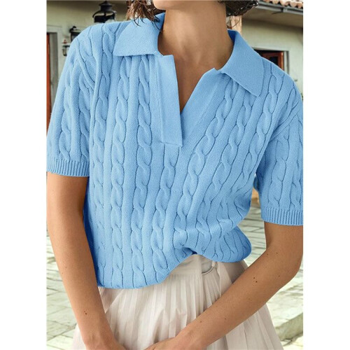 Women'S Cable Short Sleeve Sweaters Tops Solid Lapel V Neck Knit Casual Soft Pullover Shirt Light  S 2