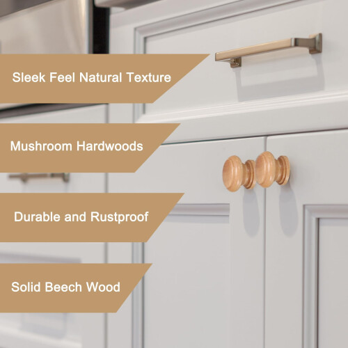 8pcs Wood Cabinet Knobs Light Brown Round Mushroom Shape Drawer Pulls with Warm Neutral Finish 2