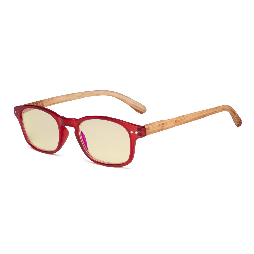 Blue/Light/Yellow Blocking Computer Reading Glasses +1.00, Filter Lenses, Red Frame With Bamboolook Temples