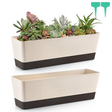 2 Pcs Rectangular Plant Pot with Removable Drain Tray, Coffee Color Herb Planter Box for Indoor Outdoor Use