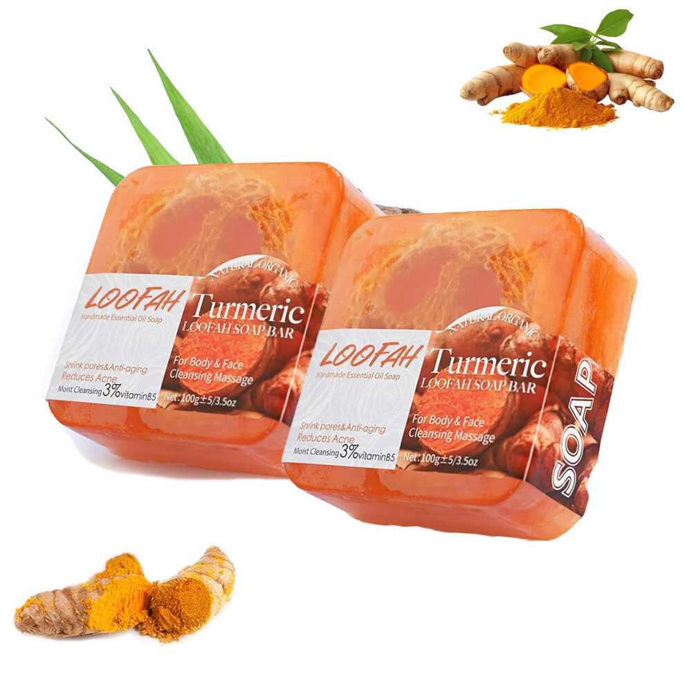 Orange Loofah Soap Bar Twin Pack, Turmeric Exfoliating Handmade Soap For Face And Body, Moisturizing Cleanser