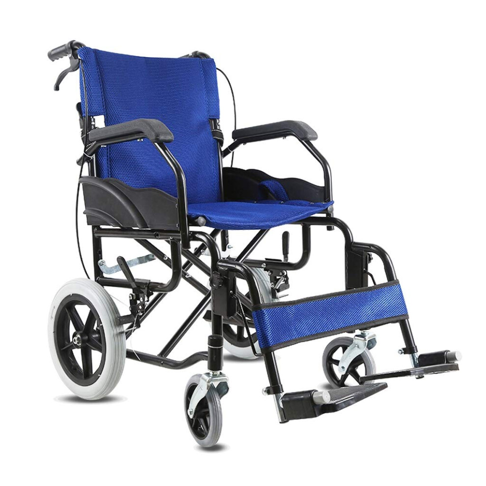 Blue Lightweight Folding Wheelchair For Elderly Adults With Handbrake, Foldable Steel Frame, Color A