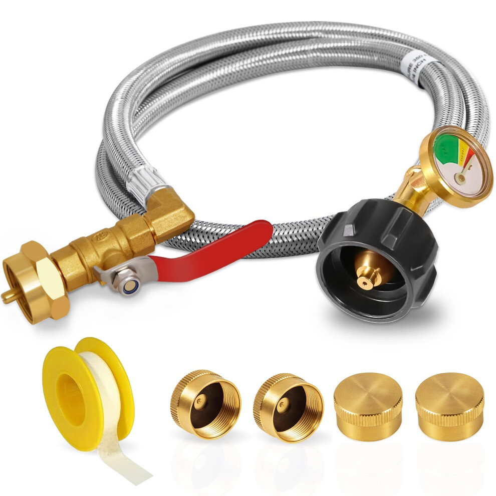 Propane Adapter With Gauge And Control Valve, 3Ft Stainless Steel Propane Refill Hose For 1 Lb Tanks With 4 Caps 9330225577799