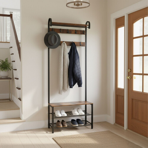 Coat Rack with Shoe Bench - Iron, 2 Hook Rails, Hat Shelf 2