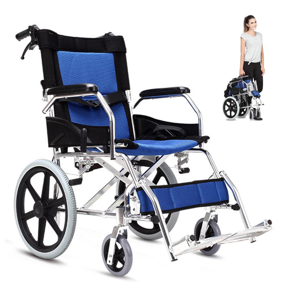 Blue Lightweight Transport Wheelchair With Handbrakes, Foldable Aluminum Chair For Adults And Elderly, 17.5 Inch Seat,