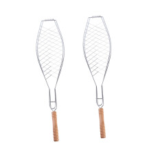 2Pcs Non Stick Fish Grill Basket with Wooden Handle for Outdoor BBQ Camping Picnic Easy Flip Design