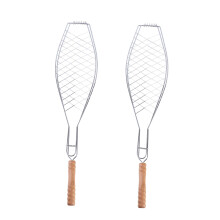 2 Pcs Fish Grill Basket with Wooden Handle, Nonstick Mesh BBQ Grill Rack for Camping and Outdoor Cooking