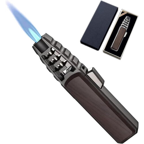 Butane Torch Lighter Windproof Blue Jet Flame Rechargeable Refillable Black for Kitchen Camping