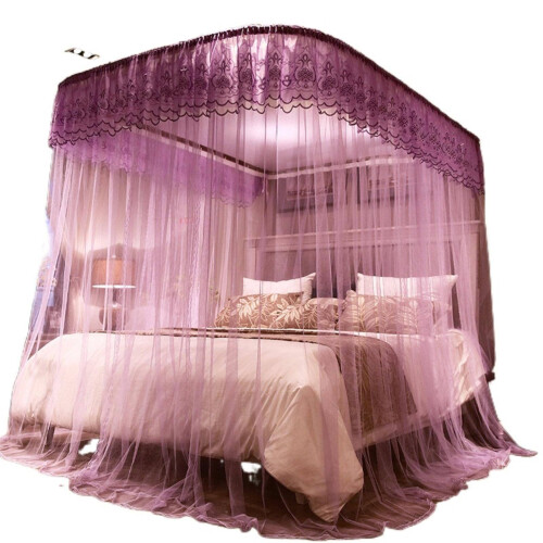 Mosquito Net for Double Bed with U Shaped Telescopic Track, Three Door Full Coverage Princess Canopy