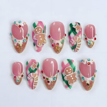 30Pcs French Tip Christmas Press on Nails Almond Shape with Gingerbread Star Cane Design Pink Reusable Set