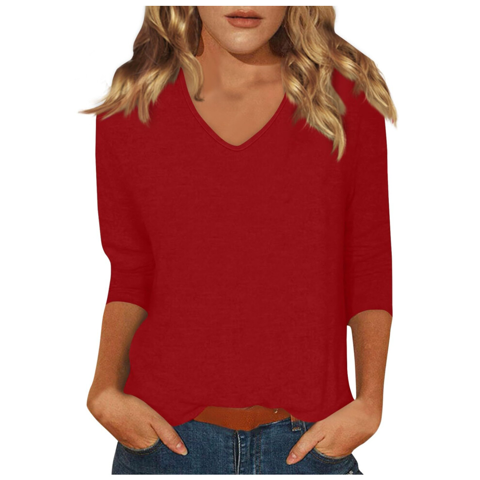 Red 3/4 Sleeve For Women V Neck Fashion Solid Color Top- Xxl
