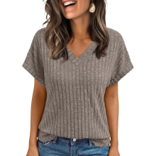 Women Tops Spring Vacation Sweaters Short Sleeve Shirts-Khaki M