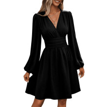 Spring Summer Wrap V Neck Long Sleeve Empire Waist-Black S