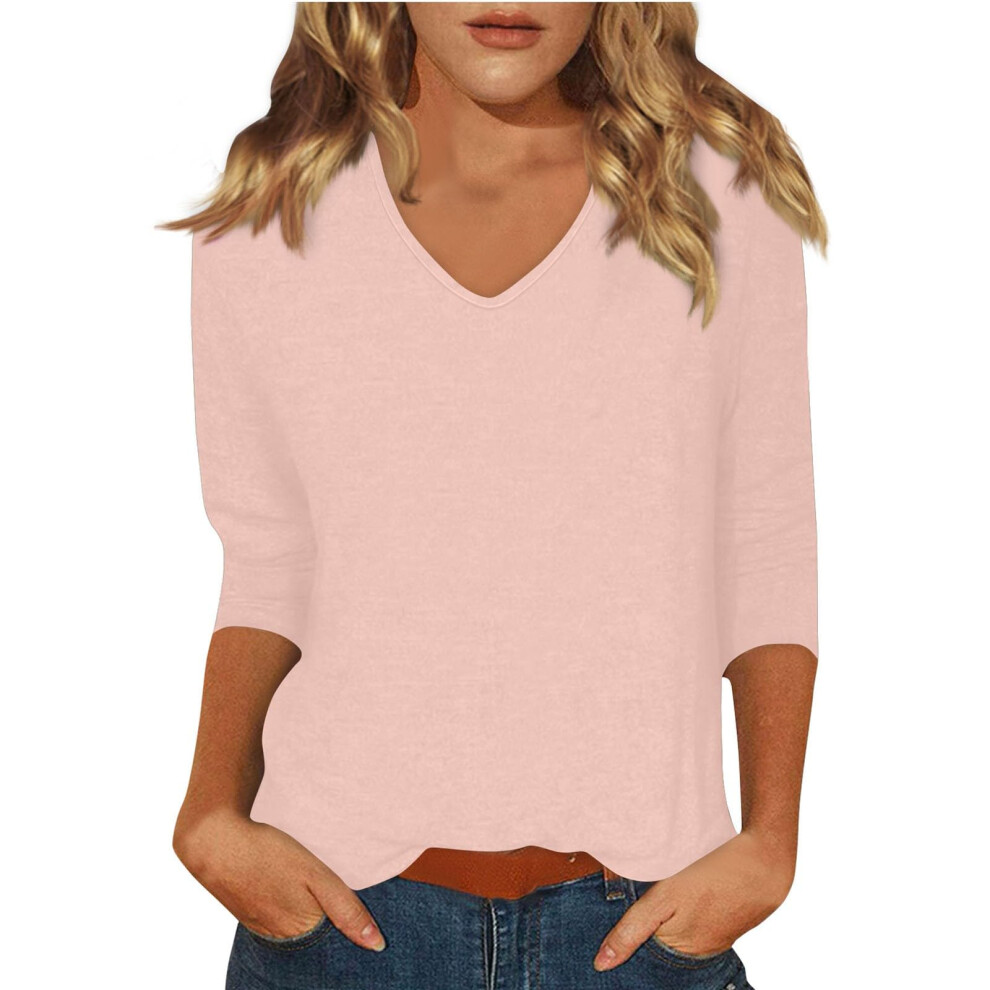 Pink 3/4 Sleeve For Women V Neck Fashion Solid Color Top- Xxl
