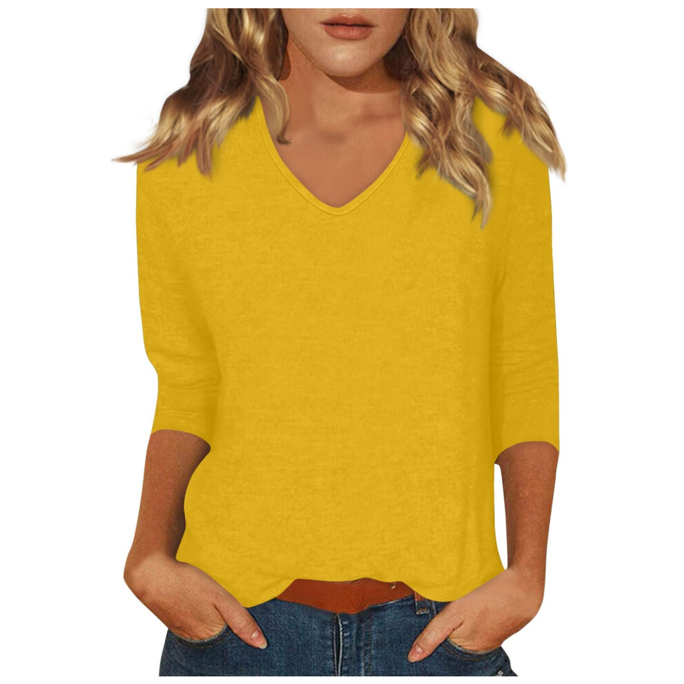 Yellow 3/4 Sleeve For Women V Neck Fashion Solid Color Top- Xxl