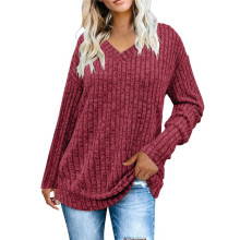 Women V Neck Long Sleeve Shirts Casual Fall Tops Light-Weight Tunic Sweaters Fashion Tops 2025 Wine Red L