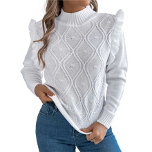 Womens Sweaters Sweater for Women Crewneck Ruffle Long Sleeve Solid Color Loose Pullover Top Winter 2025 White M