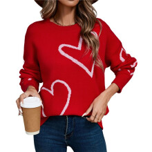 Women Valentines Day Sweater Long Sleeve Embroidery Heart Sweater Oversized Knitted Pullover Jumper Tops Red XL