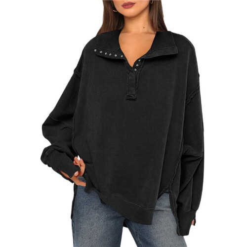 Women'S Button Oversized Side Slit High Low Sweatshirt Long Sleeve Reverse Seam Pullover Tunic Tops Black M