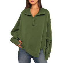 Women'S Button Oversized Side Slit High Low Sweatshirt Long Sleeve Reverse Seam Pullover Tunic Tops Army Green M