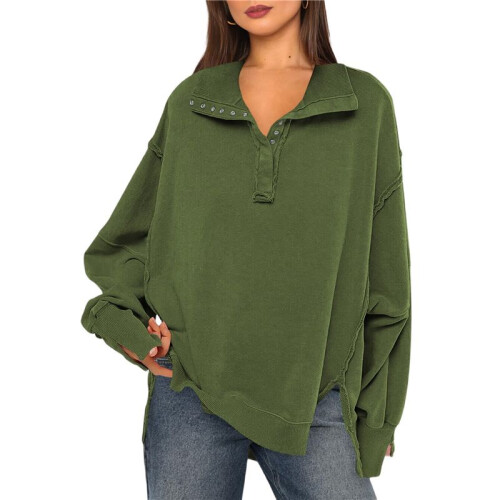 Women'S Button Oversized Side Slit High Low Sweatshirt Long Sleeve Reverse Seam Pullover Tunic Tops Army Green M