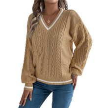 Women'S Long Sleeve V Neck Cable Knit Sweater 2025 Fall Pullover Top Cute Soft Dressy Casual Outfits Khaki L