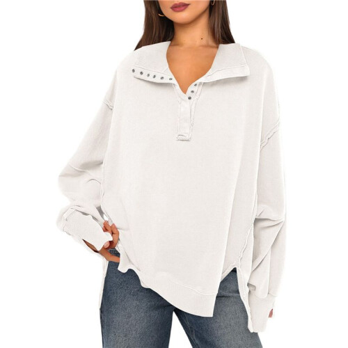 Women'S Button Oversized Side Slit High Low Sweatshirt Long Sleeve Reverse Seam Pullover Tunic Tops White XL