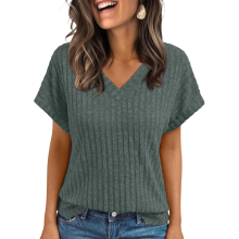Women Tops Spring Vacation Sweaters Short Sleeve-Green XXL