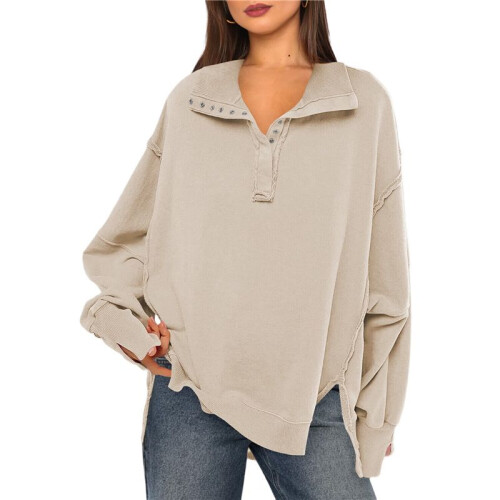 Women'S Button Oversized Side Slit High Low Sweatshirt Long Sleeve Reverse Seam Pullover Tunic Tops Apricot S