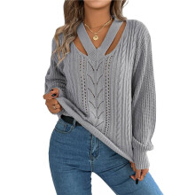 Women Casual Hollowed Out V-Neck Pullover Sweater Knit Long Sleeve Shirts Top Sweaters Grey XL