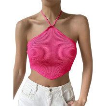 Women'S Sleeveless Tie Back Asymmetrical Hem Knitted Halter Cami- Crop Top Rose Red L