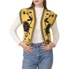 Cowgirl Vest Western Outfit for Women Embroidery Vest Sleeveless Cropped Cardigan Boho Top Black & Golden S