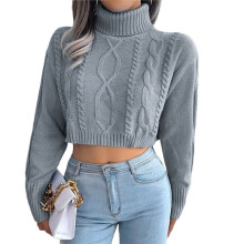 Women'S Cropped Turtle-Neck Sweater Knitted Pullover Sweaters Long Sleeve Crew Neck Jumper Tops Grey M