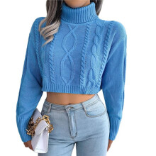 Women'S Cropped Turtle-Neck Sweater Knitted Pullover Sweaters Long Sleeve Crew Neck Jumper Tops M