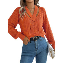 Women Casual Hollowed Out V-Neck Pullover Sweater Knit Long Sleeve Shirts Top Sweaters Orange Color L