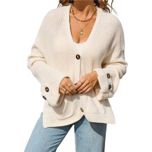 Women Chunky Knit Sweater Long Sleeve V Neck Button Cardigan with Pocket Coat for Fall and Winter Apricot L