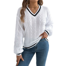 Women'S Long Sleeve V Neck Cable Knit Sweater 2025 Fall Pullover Top Cute Soft Dressy Casual Outfits White M