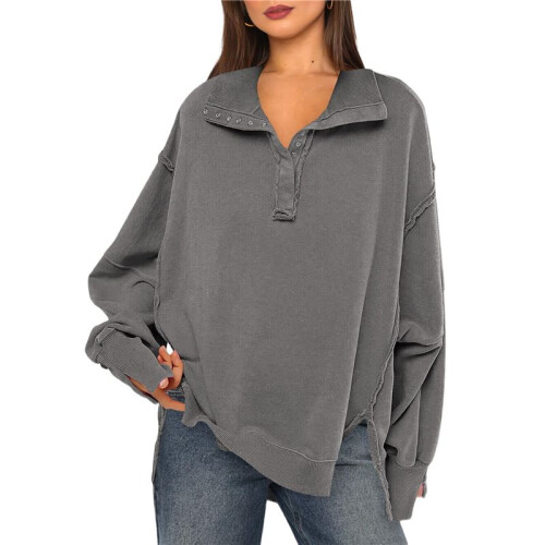 Women'S Button Oversized Side Slit High Low Sweatshirt Long Sleeve Reverse Seam Pullover Tunic Tops Grey M
