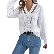 Women Casual Hollowed Out V-Neck Pullover Sweater Knit Long Sleeve Shirts Top Sweaters White L
