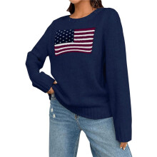 Women'S American Flag Graphic Long Sleeve Sweater Knit Round Neck Pullover Top Dark XL