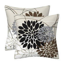 Yakbaofuo 18x18 inch zwarte, bruine, witte en grijze kussenhoezen met bloemenprint, linnen vierkante kussenhoes voor woonkamer en bank.