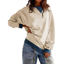 Women Oversized Long Sleeve Tops Casual Crewneck Colorblock Pullover -Size-Sweatshirts Cream White L