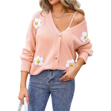 Womens Ribbed Knit Cardigan Slouchy Flower Graphic Button- Jacquard Knitted Sweater Coat  M