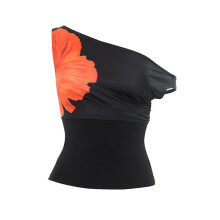 Women Off Shoulder Asymmetrical Boat Neck Sleeveless Backless Y2K Floral Print Tank Top Crop Shirts Black S