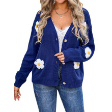 Womens Ribbed Knit Cardigan Slouchy Flower Graphic Button- Jacquard Knitted Sweater Coat  L