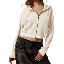 Women'S Full Zip Cropped Hoodie 90s Long Sleeve Drawstring Hooded Cropped Jacket Top with Pockets Rice Apricot Color S